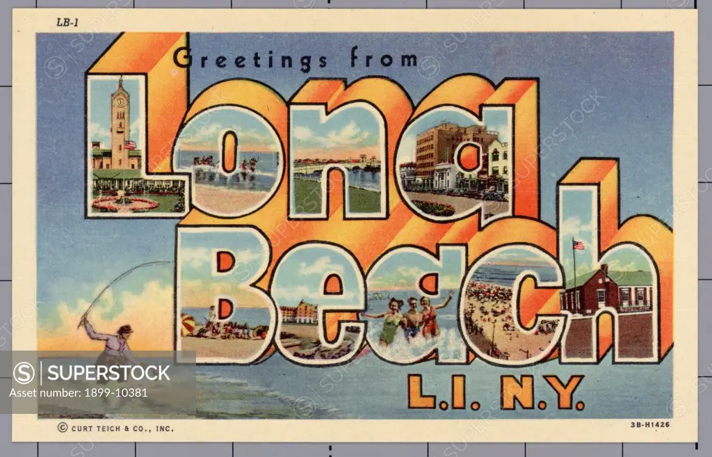Greeting Card from Long Beach, New York. ca. 1943, Long Beach, New York, USA, LONG BEACH, LONG ISLAND. Facing South on the Atlantic Ocean, directly in the path of the Southwesterly ocean breezes, this clean and beautiful resort city is set away from inland heat. Just 45 minutes from Broadway, 'The City By The Sea' offers ocean and still water bathing, golf, tennis, softball, sailing, and motorboating with frequent regattas, bay and deep sea fishing, and its famous boardwalk bordering the ocean b