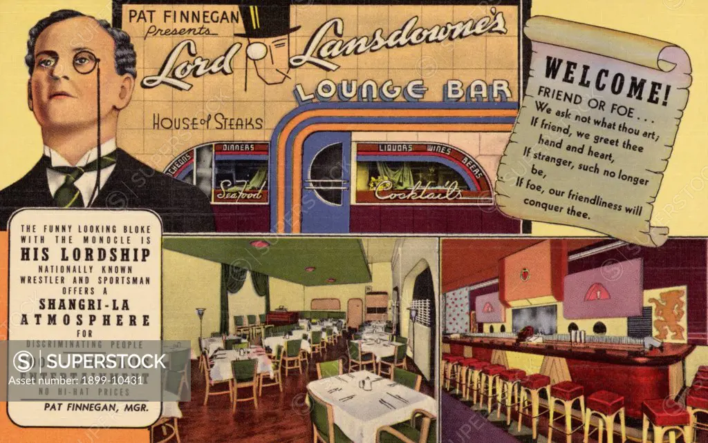 Advertisement for Lord Lansdowne's Lounge Bar. ca. 1942, Springfield, Ohio, USA, Cheerio Just stopped in at Lord Lansdowne's House of Good Food and Cocktail Lounge, had a delicious Dinner-Wish you were here to enjoy his Lordship's Hospitality. 108 NO. MAIN ST.-DAYTON, OHIO also 24 SO. FOUNTAIN AVE.-SPRINGFIELD, OHIO. PAT FINNEGAN PROP. KINDLY FILL IN THE NAME AND ADDRESS OF A FRIEND WHO WOULD ENJOY HEARING FROM YOUWE WILL PAY POSTAGE AND MAIL IT FOR YOU 