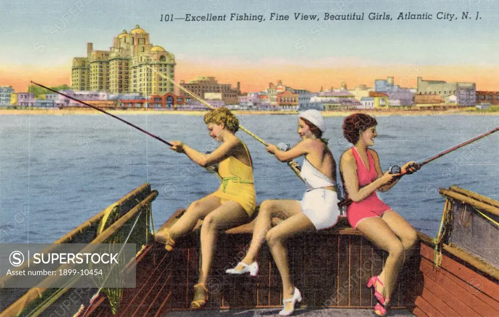 Women Fishing on Back of Boat. ca. 1943, Near Atlantic City, New Jersey, USA, 101-Excellent Fishing, Fine View, Beautiful Girls, Atlantic City, N.J. The scene on the reverse side faces Atlantic City's Boardwalk, famed throughout the world. Length 8 miles, width 60 feet. Lined with magnificent hotels, theatres and shops: double lane of rolling chairs: scene of internationally famous Easter Parade. 