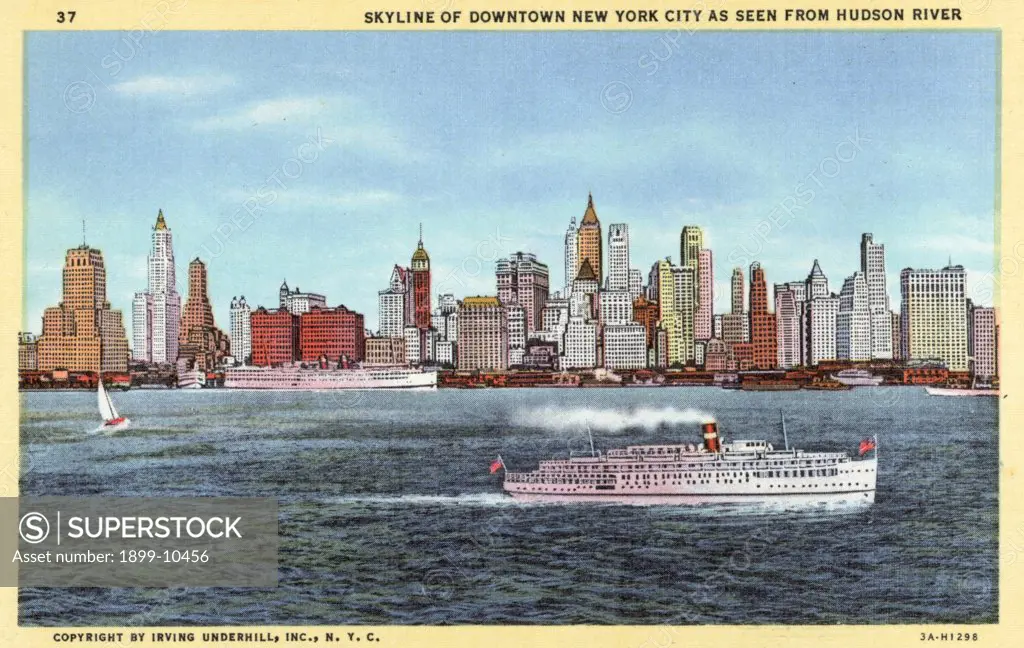 New York City from Hudson River. ca. 1933, New York, New York, USA, SKYLINE OF DOWNTOWN NEW YORK FROM THE WEST. The tall white building in the left centre is the Woolworth building housing The Merchants' Association of New York among its tenants. At the left is the New York Telephone Company building: the skyscrapers to the right are in the heart of the City's financial center. 37. SKYLINE OF DOWNTOWN NEW YORK CITY AS SEEN FROM HUDSON RIVER. 