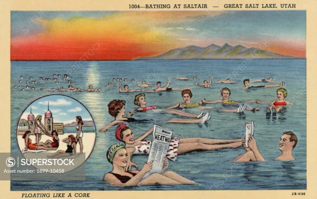 Swimmers Floating in Great Salt Lake. ca. 1942, West of Salt Lake City, Utah, USA, 1004-BATHING AT SALTAIR-GREAT SALE LAKE, UTAH. FLOATING LIKE A CORK. 18 miles west of Salt Lake City, Utah, is an inland sea covering an area of 2,000 square miles-75 miles long with a maximum width of 50 miles. It contains a higher percentage (21%) of common salt than any other large body of water in the world. Bathers enjoy the exhilarating experience of swimming in its water, so buoyant that it is impossible to