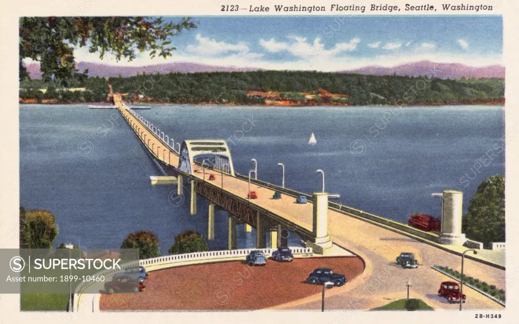 Lake Washington Floating Bridge. ca. 1942, Seattle, Washington, USA, 2123-Lake Washington Floating Bridge, Seattle, Washington. The Lake Washington Floating Bridge is the largest floating bridge in the world. Floating length 6,561 feet. Each floating section of concrete, is 315 feet long, 60 feet wide and 14 feet deep, and weights 45 1/2 tons. 