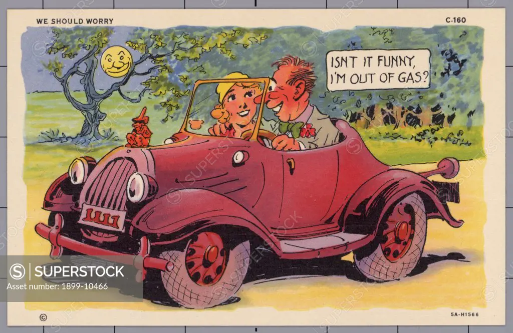 Cartoon of a Couple in a Car. ca. 1935, WE SHOULD WORRY 