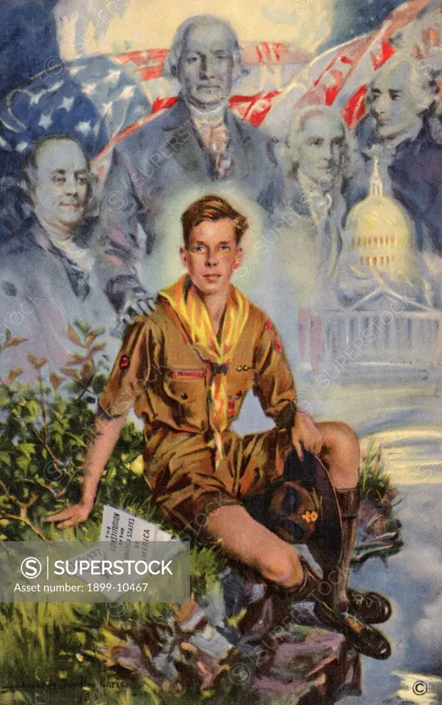 Lithograph of a Boy Scout with America's Founding Fathers by Howard Chandler Christy. 1937, A color lithograph based on a painting by Howard Chandler Christy, designed for a 1937 Boy Scout Jamboree. 