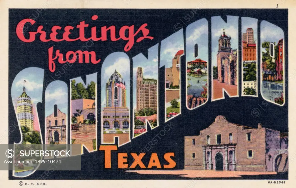 Greeting Card from San Antonio, Texas. ca. 1936, San Antonio, Texas, USA, 'SAN ANTONIO, HOME OF THE ALAMO, GULF BREEZES AND SUNSHINE' 