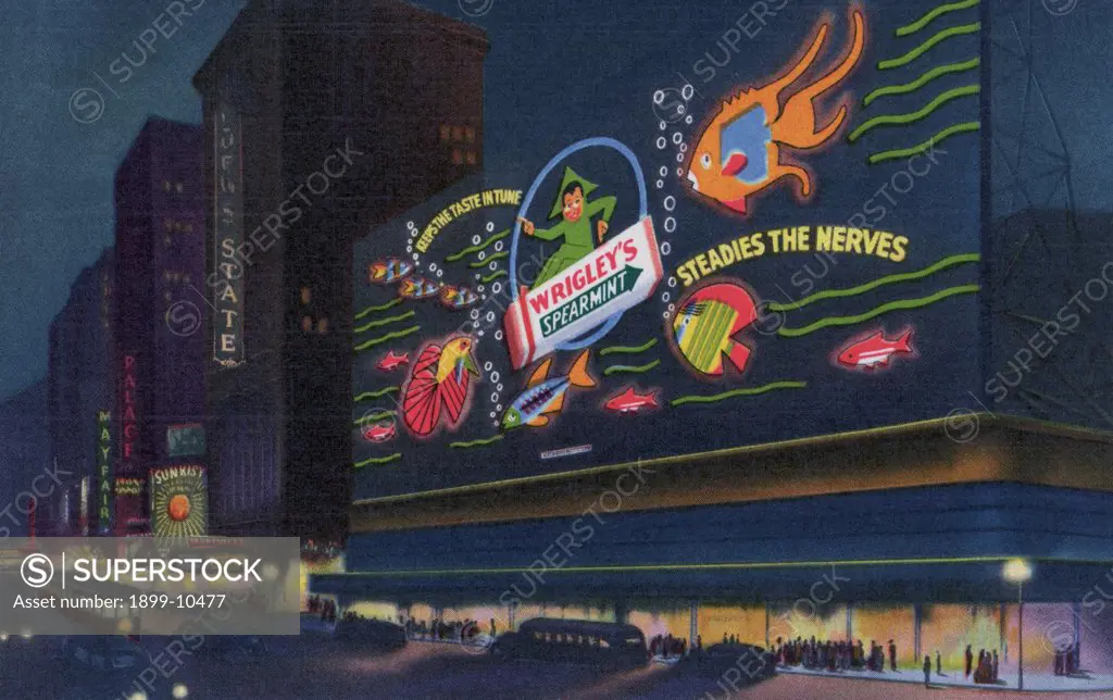 Neon Sign Advertising Wrigley's Chewing Gum. ca. 1936, Times Square, Manhattan, New York, New York, USA, WRIGLEY SIGN, TIMES SQUARE, NEW YORK. The Wrigley's Spearmint Gum electric spectacular sign, largest of its kind in the world, extends a full block from 44th to 45th Street on the east side of Broadway, towers ten stories high, and represents a million dollar investment. The electrical current required for this colossal animated display would serve a city of ten thousand. It contains 1,084 fe