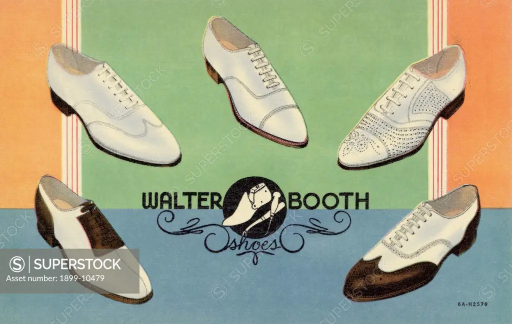 Advertisement for Men's Shoes. ca. 1936, WALTER BOOTH SHOES offer a wide selection of up-to-the-minute and conservative sport shoes for every Summer occasion. Here you can find those shoes you have been thinking about, in your correct width and size. And they're styled just right, by the makers of a leading brand of higher-priced shoes. 