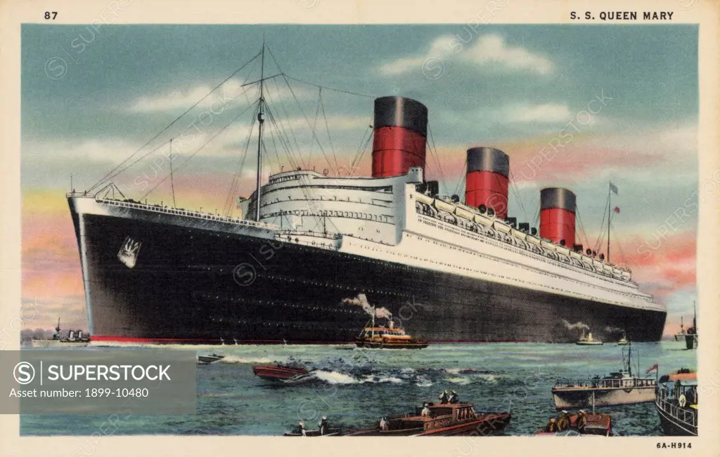 SS Queen Mary. ca. 1936, USA, The 'Queen Mary' is 1015.5 ft. in length and 118 ft. in breadth and makes the Atlantic Crossing between Europe and America in four days. There are twelve decks. Accommodations for passengers and crew approximate 3,200 persons. Gross tonnage 80.733. 