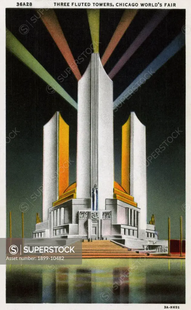 Three Fluted Towers at Chicago World's Fair Postcard. ca. 1933, Three Fluted Towers at Chicago World's Fair Postcard 