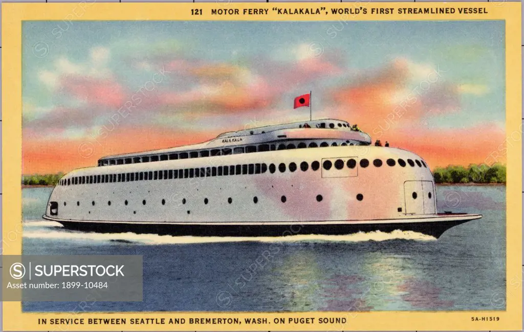 Motor Ferry Kalakala. ca. 1935, Washington, USA, 121 MOTOR FERRY 'KALAKALA', WORLD'S FIRST STREAMLINED VESSEL IN SERVICE BETWEEN SEATTLE AND BREMERTON, WASH. ON PUGET SOUND. (Kah-Lock-ah-lah, Chinook for Flying Bird) is the world's first completely Streamlined Motor Ferry. The hull is divided into twenty-five water-tight compartments, making it virtually unsinkable, length over all 276 feet, beam over all 55.8 feet, passenger capacity 2000, automobile capacity 110, has 5 decks, horsepower Maine 