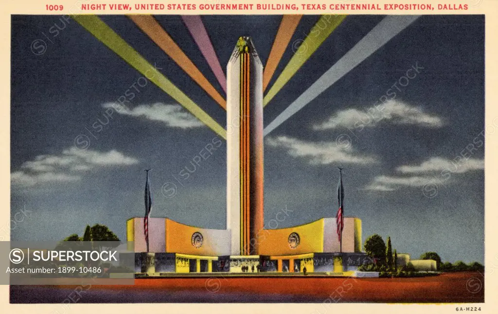 Government Building at Texas Centennial Exposition. ca. 1936, Dallas, Texas, USA, 1009 NIGHT VIEW, UNITED STATES GOVERNMENT BUILDING, TEXAS CENTENNIAL EXPOSITION, DALLAS. The United States Government Exhibit will include 'The Story of Life,' one of the greatest scientific exhibits of the Century, which is being arranged by State and Federal Doctors and Scientists. 
