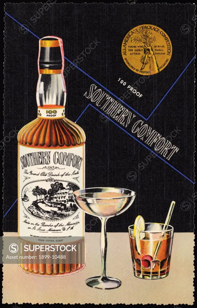 Advertisement for Liquor. ca. 1936, An Old Drink That Is 'Different' and will please your guests SOUTHERN COMFORT adds 'a certain something' to the ordinary Manhattan Cocktail. Follow this recipe for theSOUTHERN COMFORT MANHATTAN One-half SOUTHERN COMFORT, One-half Italian Vermouth 1 dash bitters, Stir with large cube of ice, strain and serve with a cherry. Southern Comfort is a 100-Proof liquor available at bars and package stores. Please advise us if your dealer is unable to supply you. 