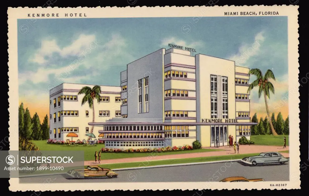 Kenmore Hotel. ca. 1936, Miami Beach, Florida, USA, KENMORE HOTEL, Washington Ave. at 11th Street, MIAMI BEACH, FLORIDA. One of Miami Beach's newest and most palatial hotels-Beautiful Patio and Lobby-A hotel of graciousness and comfort-European Plan- 