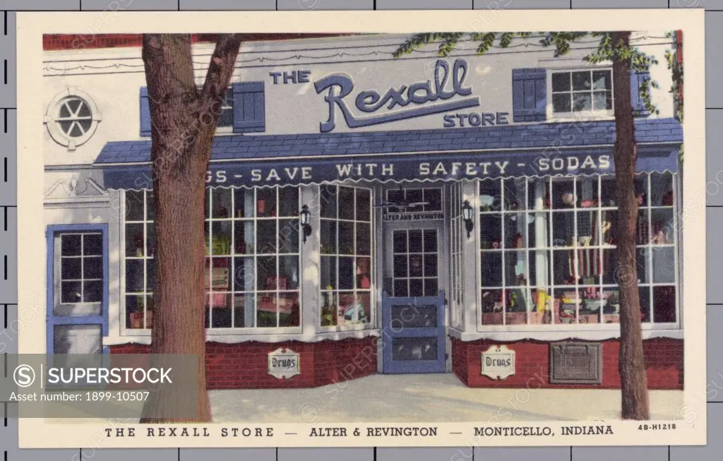 The Rexall Store. ca. 1944, Monticello, Indiana, USA, THE REXALL STORE-ALTER & REVINTON-MONTICELLO, INDIANA. When in MONTICELLO be sure to visit THE REXALL STORE 'The Biggest Stop in Town' Recognize the store by the ORIGINAL HALF SCREEN DOOR 