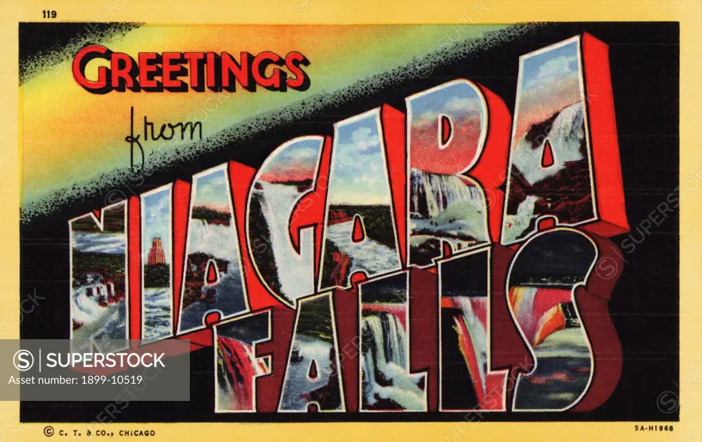 Greetings from Niagara Falls Postcard. ca. 1935, Buffalo, New York, USA, Greetings from Niagara Falls Postcard 
