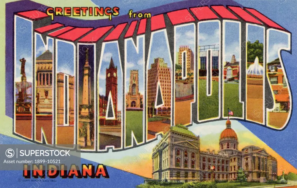 Greeting Card from Indianapolis, Indiana. ca. 1944, Indianapolis, Indiana, USA, Indianapolis, the Capital of Indiana, was founded in 1821 and has a population of 386,992 (1940 U.S. census). (IN)-De Pew Fountain, University Park: D-City Hall: I-Soldiers and Sailors' Monument: A-Union Station: N-Scottish Rite Cathedral: A-Circle Tower: P-Chamber of Commerce Building: O-Entrance, Victory Field: L-U.S. Veterans Hospital: I-Fountains, Garfield Park: S-Municipal Airport 