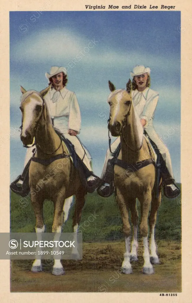 Trick Riders Sitting on Horses. ca. 1944, Woodward, Oklahoma, USA, Virginia Mae and Dixie Lee Reger. Two of the Southwest famous cowgirls, Virginia Mae and Dixie Lee Reger of Woodward, Okla. Noted trick and fancy riders, trick ropers and high jumping horse riders. 