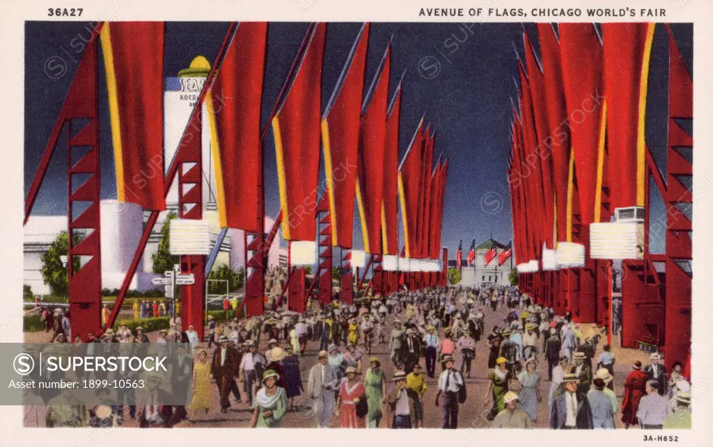 Avenue of Flags at Chicago World's Fair. ca. 1933, Chicago, Illinois, USA, AVENUE OF FLAGS, CHICAGO WORLD'S FAIR. AVENUE OF FLAGS BY NIGHT. A gorgeous promenade for the Fair visitors. With large gaily colored flags waving in the breeze, thousands of visitors stroll along here every evening in search of knowledge and pleasure. 