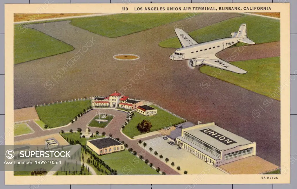Plane Flying Above Los Angeles Union Air Terminal. ca. 1936, Burbank, California, USA, 119. LOS ANGELES UNION AIR TERMINAL, BURBANK, CALIFORNIA 
