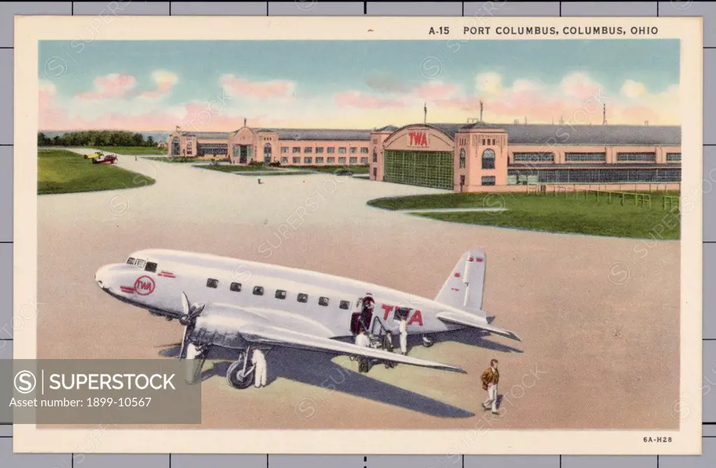 Passengers Disembarking from Plane. ca. 1936, Columbus, Ohio, USA, A-15. PORT COLUMBUS, COLUMBUS, OHIO 