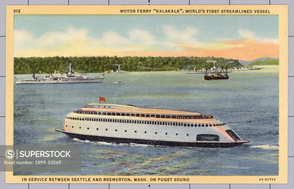 Motor Ferry Kalakala in Puget Sound. ca. 1936, Washington, USA, 312. MOTOR FERRY 'KALAKALA', WORLD'S FIRST STREAMLINED VESSEL IN SERVICE BETWEEN SEATTLE AND BREMERTON, WASH. ON PUGET SOUND. (Kah-Lock-ah-lah, Chinook for Flying Bird) is the world's first completely Streamlined Motor Ferry. The hull is divided into twenty-five water-tight compartments, making it virtually unsinkable, length over all 276 feet, beam over all 55.8 feet, passenger capacity 2000, automobile capacity 110, has 5 decks, h