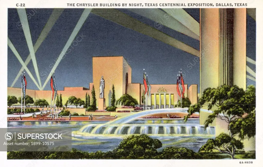 Chrysler Building at Texas Centennial Exposition. ca. 1936, Dallas, Texas, USA, THE CHRYSLER BUILDING BY NIGHT, TEXAS CENTENNIAL EXPOSITION, DALLAS, TEXAS. The Chrysler Building, a permanent structure adjoining the Transportation Building, built at a cost of about $500,000. Its 35,000 square feet of space will contain motor car exhibits. Towering pylons will flank each entrance. Concealed flood lights will illuminate the facades of the building at night. 