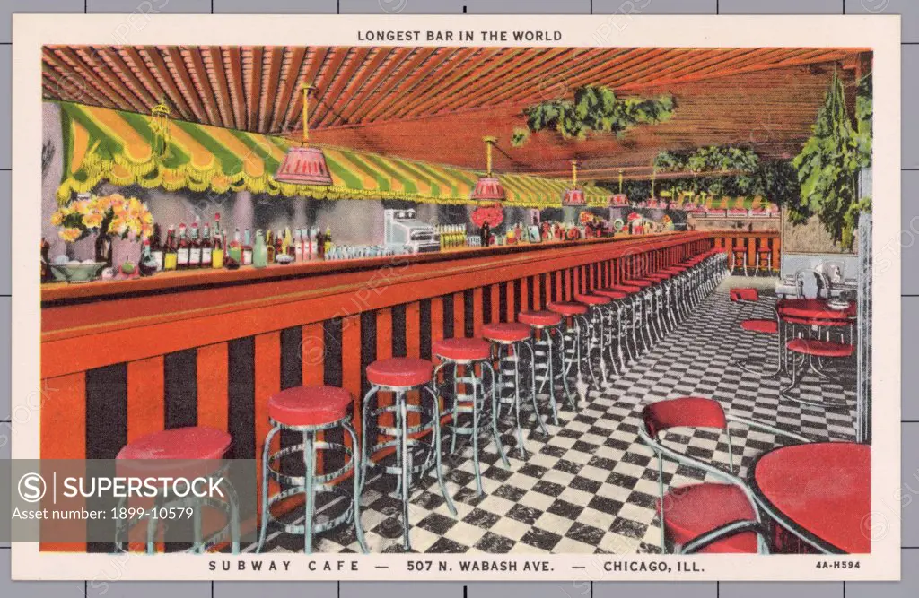 Bar in the Subway Cafe. ca. 1934, Chicago, Illinois, USA, LONGEST BAR IN THE WORLD. SUBWAY CAFE-507 N. WABASH AVE.-CHICAGO, ILL. DINE, DANCE, ENTERTAINMENT, NO COVER CHARGE, NEVER CLOSED. 