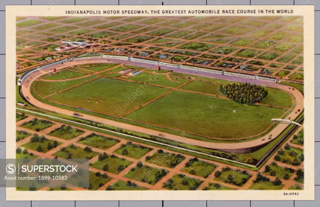 Indianapolis Motor Speedway. ca. 1933, Indianapolis, Indiana, USA, INDIANAPOLIS MOTOR SPEEDWAY, THE GREATEST AUTOMOBILE RACE COURSE IN THE WORLD. THE INDIANAPOLIS MOTOR SPEEDWAY is the foremost brick motor race course in the world. The annual Decoration Day Sweepstakes attract more than 125,000 spectators from all parts of America and Europe. 