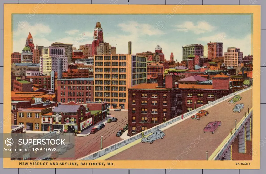 Viaduct and Baltimore Skyline. ca. 1936, Baltimore, Maryland, USA, NEW VIADUCT AND SKYLINE, BALTIMORE, MD. 