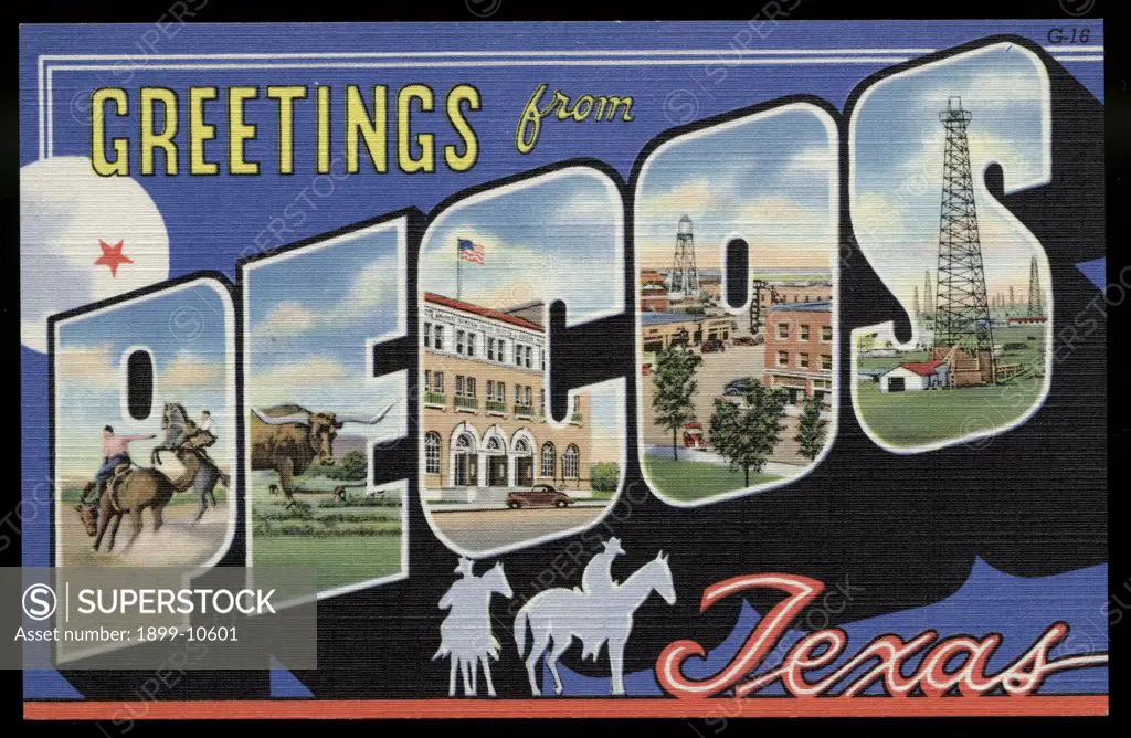 Greeting Card from Pecos, Texas. ca. 1937, Pecos, Texas, USA, This greeting comes to you from the substantial city of Pecos, Texas, which is one of the famous frontier towns of a few decades ago. Not far away (in Langtry, Texas) was held Judge Roy Bean's famous court, 'The Law West of the Pecos' of the colorful days of the old West. Now a thriving oil and cattle town of varied interests. 