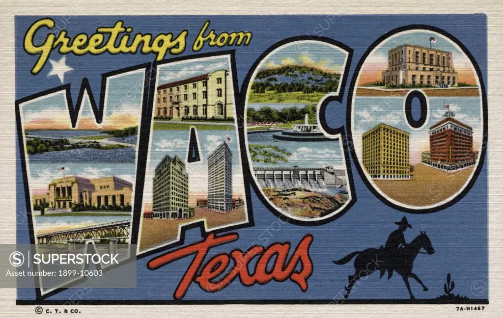 Greeting Card from Waco, Texas. ca. 1937, Waco, Texas, USA, WACO-THE HUB OF TEXAS, CITY OF INDUSTRIAL AND CULTURAL ADVANTAGES. Waco foremost collection of the works of the famous poet, Robert Browning, housed in the Browning Building at Baylor University, the oldest institution of higher learning in the State of Texas. Cameron Park, fifth largest natural park in the United States, 550 acres of scenic beauty. Waco ranks fourth in industrial expansion in the U.S., showing a 313 per cent increase o