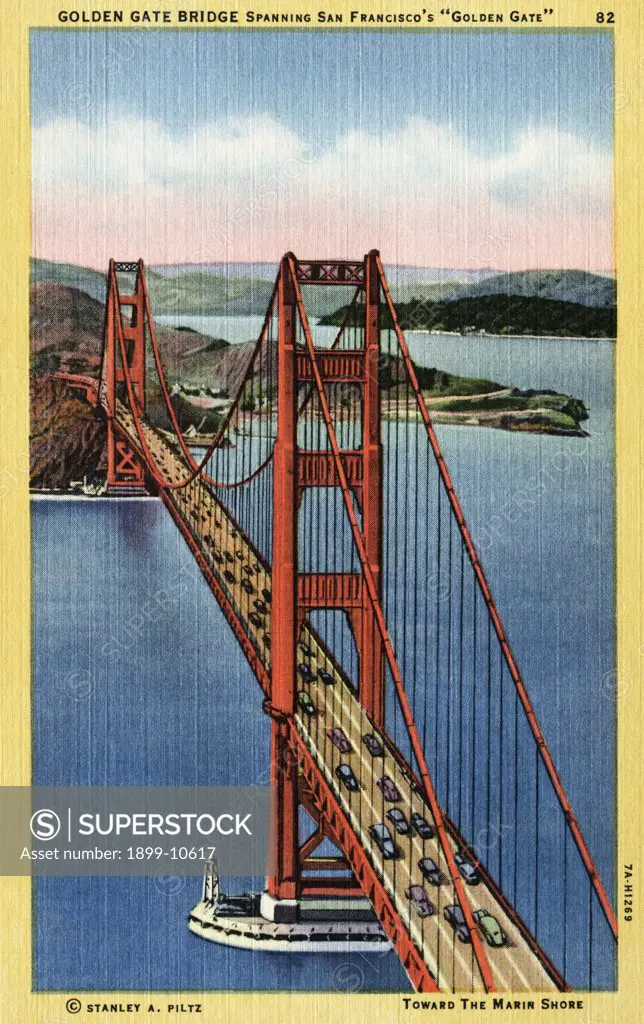 Golden Gate Bridge. ca. 1937, San Francisco, California, USA, GOLDEN GATE BRIDGE Spanning San Francisco's 'GOLDEN GATE', 82. TOWARD THE MARIN SHORE. Traffic lanes, six of them and two ten foot sidewalks accommodate the travel across the Golden Gate Bridge. This structure is 8940 feet lng with towers 746 feet high and a clearance above the waterline of 220 feet. The main span is 4200 feet in length, which is the largest in the world. Total cost to construct $35,000,000.00. 