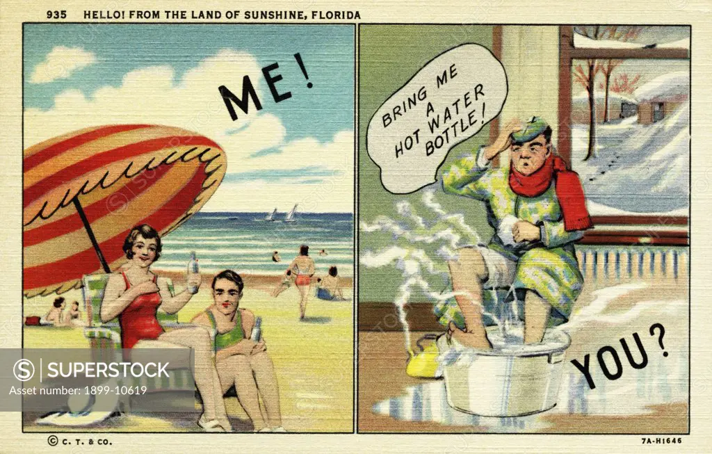 Fun at the Beach and Sick at Home. ca. 1937, Florida, USA, 935. HELLO FROM THE LAND OF SUNSHINE, FLORIDA 