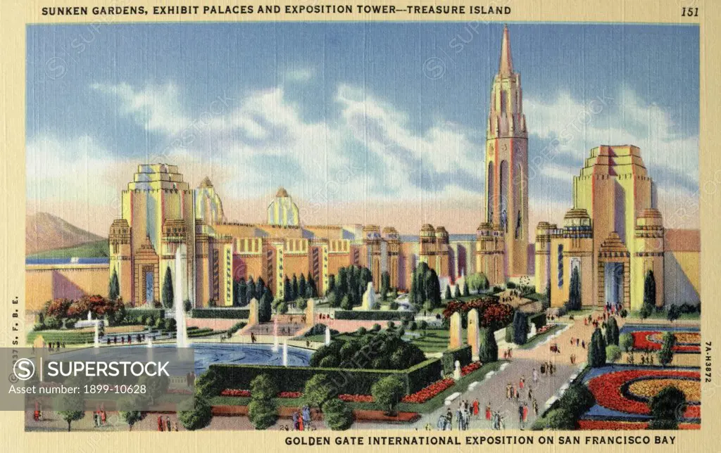 Golden Gate International Exposition. ca. 1937, San Francisco, California, USA, SUNKEN GARDENS, EXHIBIT PALACES AND EXPOSITION TOWER--TREASURE ISLAND, 151. GOLDEN GATE INTERNATIONAL EXPOSITION ON SAN FRANCISCO BAY. GOLDEN GATE INTERNATIONAL EXPOSITION. The architectural splendor of the Golden Gate International Exposition, is enhanced by the beautiful and marvelous landscaping which provides tree-lined promenades and sunken gardens, serving as an approach to the mile-long esplanade of the Fair. 
