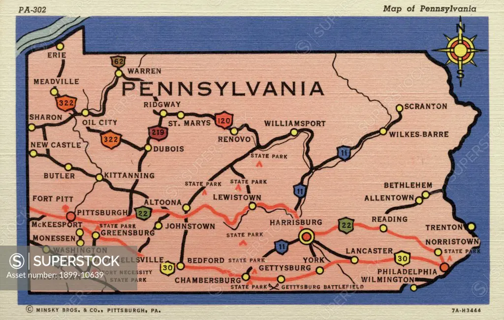 Map of Pennsylvania. ca. 1937, Pennsylvania, USA, Map of Pennsylvania. Pennsylvania is noted for events of world historical importance and achievements: there are little hills and big valleys, high mountains and fertile lowlands, deep gorges, waterfalls, and sandy beaches, modern industries and old time trades, with beautiful highways stretching throughout the state, called truly the Keystone State. 
