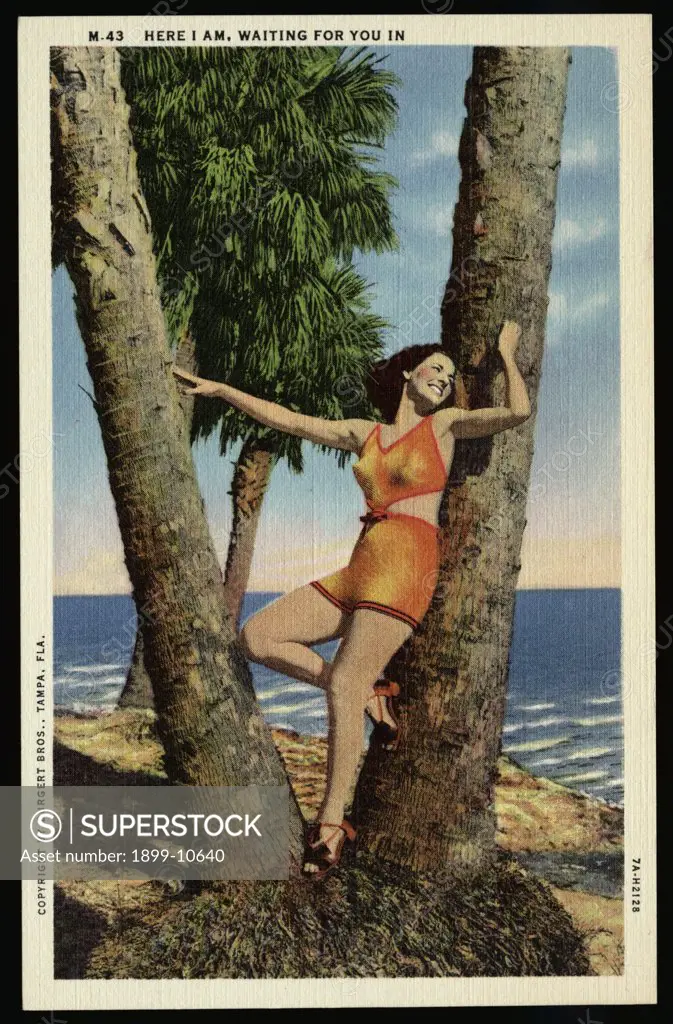 Woman Leaning Against Palm Tree. ca. 1937, USA, M-43. HERE I AM, WAITING FOR YOU IN 