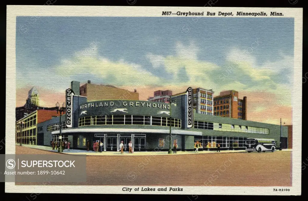 Greyhound Bus Depot. ca. 1937, Minneapolis, Minnesota, USA, M67-Greyhound Bus Depot, Minneapolis, Minn. City of Lakes and Parks. GREYHOUND BUS DEPOT. This new and modern Bus Depot is the terminal point daily for thousands of people traveling to and from all sections of the United States. 