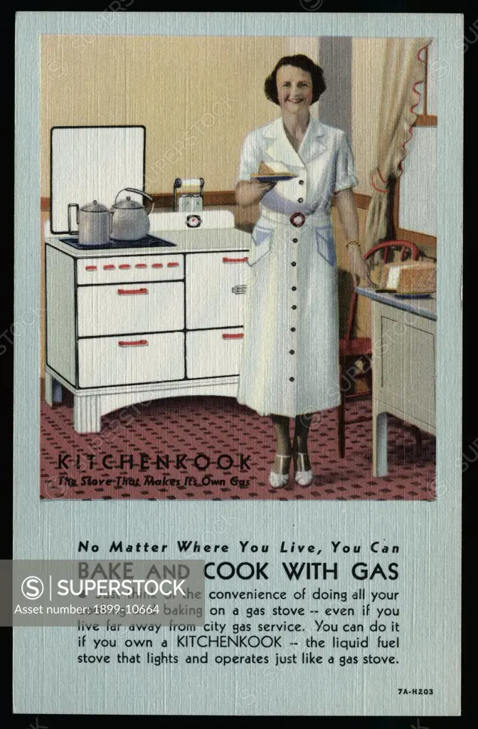 Advertisement for a Gas Stove. ca. 1937, KITCHENKOOK The Stove That Makes Its Own Gas. Here's a stove that burns liquid fuel-yet it lights instantly with a clear, blue flame-just like a city gas stove. It has the fastest cooking speed obtainable-is absolutely free from dirt and smoke-has automatic burner lighter and all the built-in convenience features you can wish for. We want you to see the KITCHENKOOK so that you may judge for yourself its many unsurpassed conveniences. You'll be amazed when