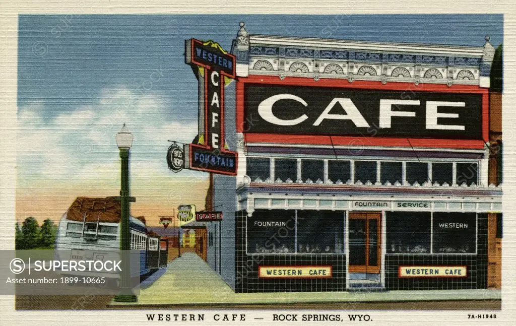 Western Cafe. ca. 1937, Rock Springs, Wyoming, USA, WESTERN CAFE-ROCK SPRINGS, WYO. WESTERN CAFE. Quality Food-Reasonable Price, Air Conditioned-Open All Hours. ROCK SPRINGS, WYO. 
