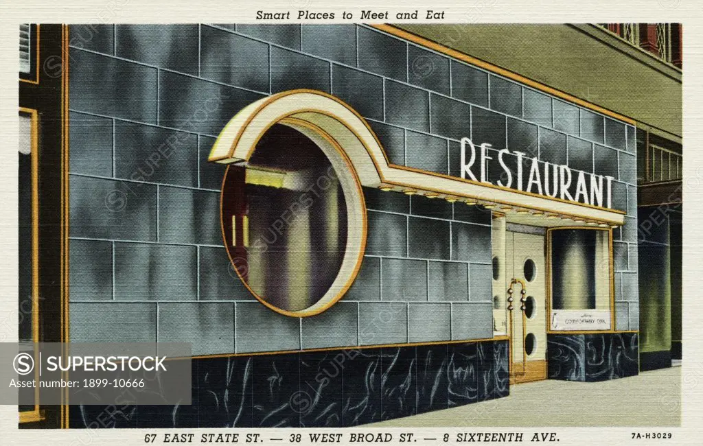 Outside a Restaurant. ca. 1937, Smart Places to Meet and Eat. 67 EAST STATE ST.-38 WEST BROAD ST.-8 SIXTEENTH AVE. Frecher's MALTED MILK SHOPS. BREAKFAST, LUNCHEONS, DINNERS. For Private Parties, Banquets, Clubs. The Brilliant New 'VOGUE ROOM'. 67 East State St. -- ADams 8715 