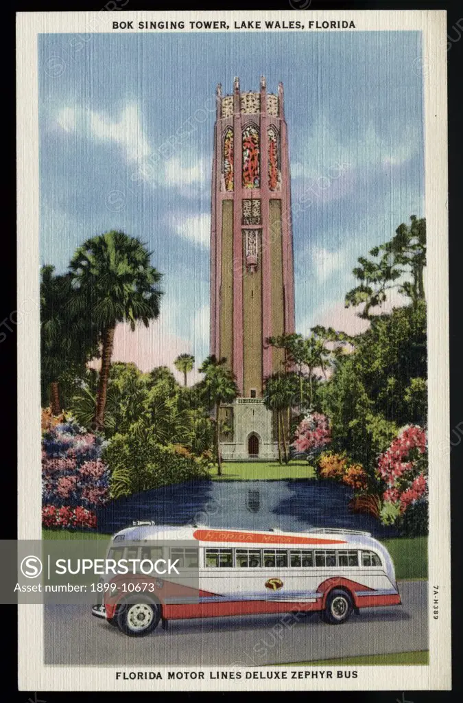 Bus Driving Passed Bok Singing Tower. ca. 1937, Lake Wales, Florida, USA, BOK SINGING TOWER, LAKE WALES, FLORIDA. FLORIDA MOTOR LINES DELUXE ZEPHYR BUS. --, Florida --, 193. BOK SINGING TOWER, one of the many show places of Florida where beauty reigns supreme. I am seeing them all by FLORIDA MOTOR LINES 