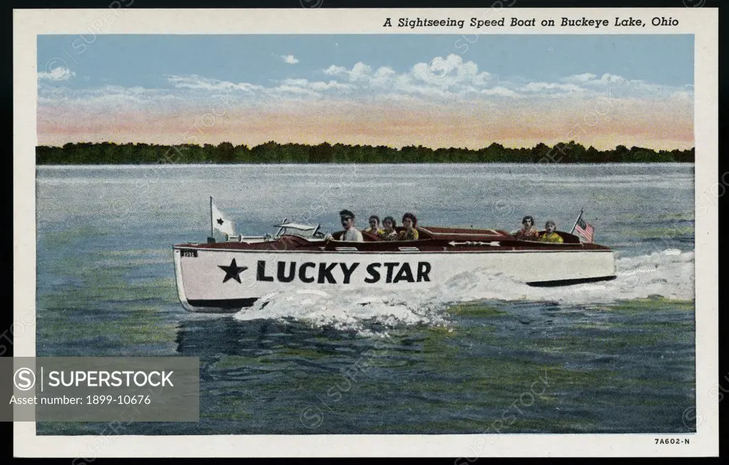 Speedboat on Buckeye Lake. ca. 1937, Ohio, USA, A Sightseeing Speed Boat on Buckeye Lake, Ohio 