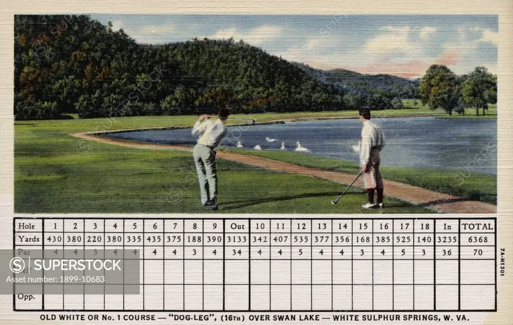 Scorecard and Golfers at Swan Lake. ca. 1937, White Sulphur Springs, West Virginia, USA, OLD WHITE OR No. 1 COURSE-'DOG-LEG', (16TH) OVER SWAN LAKE-WHITE SULPHUR SPRINGS, W. VA. THE GREENBRIER GOLF CLUB OF The Greenbrier Hotel WHITE SULPHUR SPRINGS, WEST VIRGINIAmaintains three superb golf courses -- two of 18 holes and one of 9 holes -- 2000 feet high in a cool upland valley of the Alleghany Mountains. The first tee and last hole of all courses adjoin the Casino-Clubhouse which is the popular 