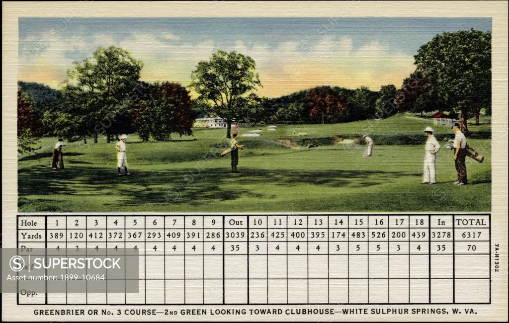 Scorecard and Golfers on Putting Green. ca. 1937, White Sulphur Springs, West Virginia, USA, GREENBRIER OR No. 3 COURSE-2ND GREEN LOOKING TOWARD CLUBHOUSE-WHITE SULPHUR SPRINGS, W. VA. THE GREENBRIER GOLF CLUB OF The Greenbrier Hotel WHITE SULPHUR SPRINGS, WEST VIRGINIAmaintains three superb golf courses--two of 18 holes and one of 9 holes--2000 feet high in a cool upland valley of the Alleghany Mountains. The first tee and last hole of all courses adjoin the Casino-Clubhouse which is the popul
