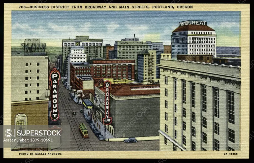 Business District. ca. 1937, Portland, Oregon, USA, 703-BUSINESS DISTRICT FROM BROADWAY AND MAIN STREETS, PORTLAND, OREGON 