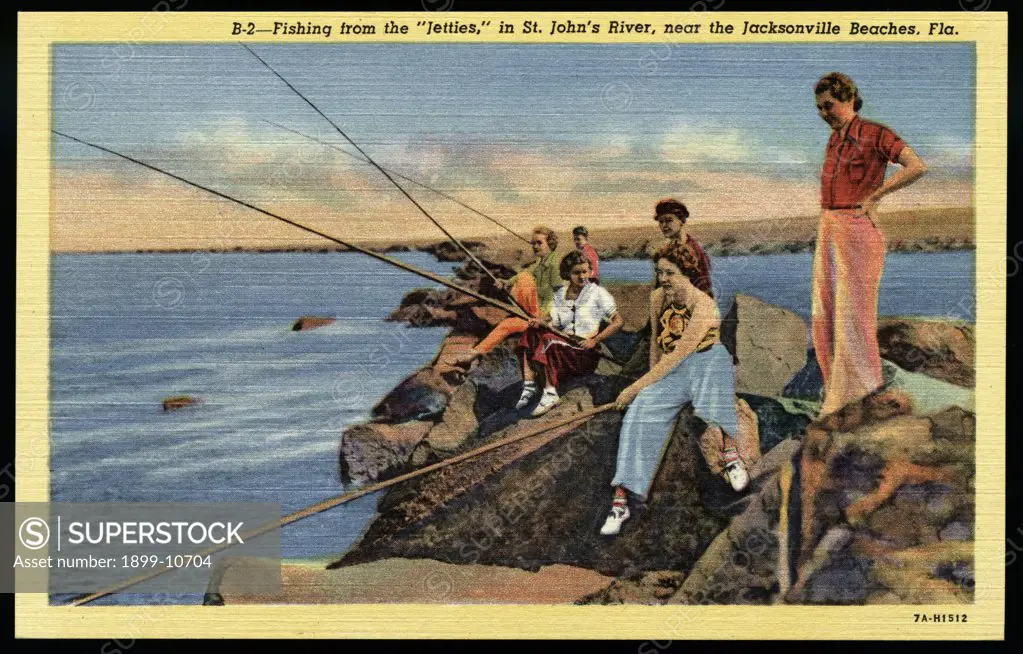 Fishing on St. John's River. ca. 1937, Near Jacksonville, Florida, USA, B-2--Fishing from the 'Jetties,' in St. John's River, near the Jacksonville Beaches, Fla. 