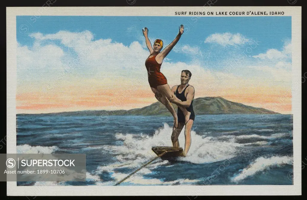 Water Skiing on Lake Coeur d'Alene. ca. 1934, Coeur d'Alene, Idaho, USA, SURF RIDING ON LAKE COEUR D'ALENE, IDAHO 