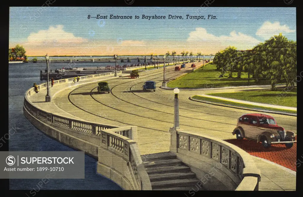 Bayshore Drive. ca. 1945, Tampa, Florida, USA, 8-East Entrance to Bayshore Drive, Tampa, Fla. Bayshore Drive is one of the South's finest waterfront boulevards, winding its way along Tampa Bay for miles. 