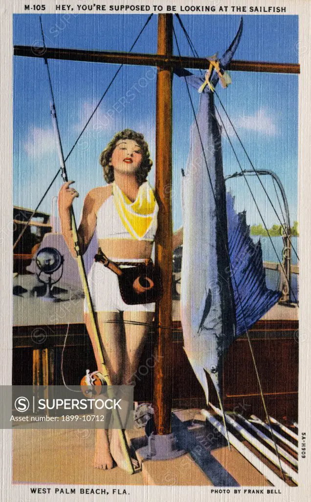 Woman Posing with Sailfish. ca. 1935, West Palm Beach, Florida, USA, WEST PALM BEACH, FLA. 