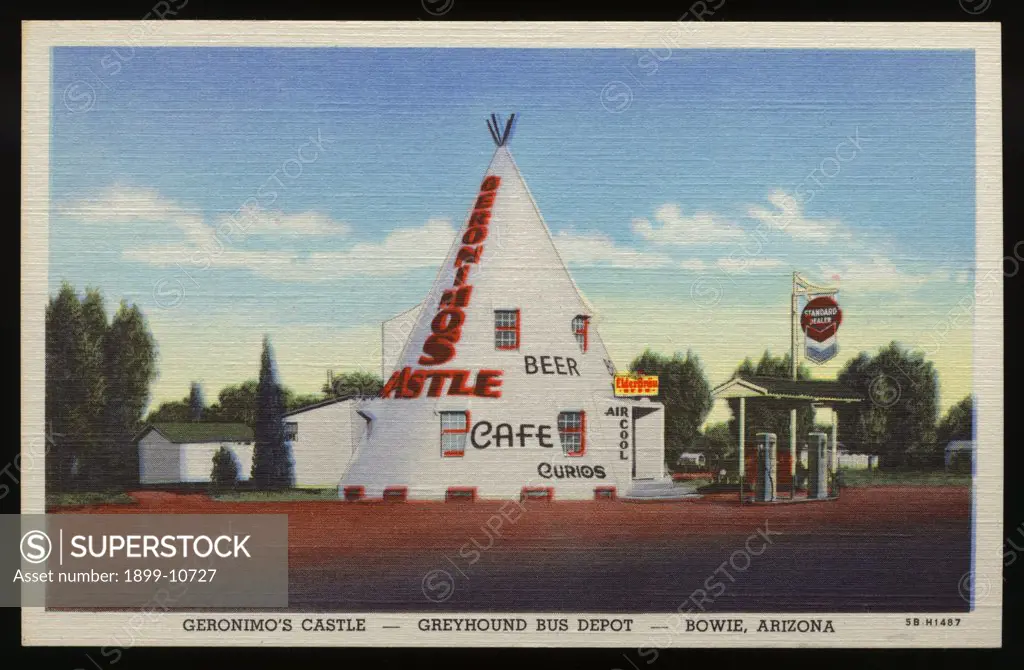 Geronimo's Castle at Greyhound Bus Depot. ca. 1945, Bowie, Arizona, USA, GERONIMO'S CASTLE-GREYHOUND BUS DEPOT-BOWIE, ARIZONA. GERONIMO'S CASTLE, RESTAURANT and INDIAN CURIO SHOP. Erected near where Chief Geronimo of the Apaches was captured. 'Stop for a Bottle of Ice Cold Beer' Clifford B. Head, Proprietor 